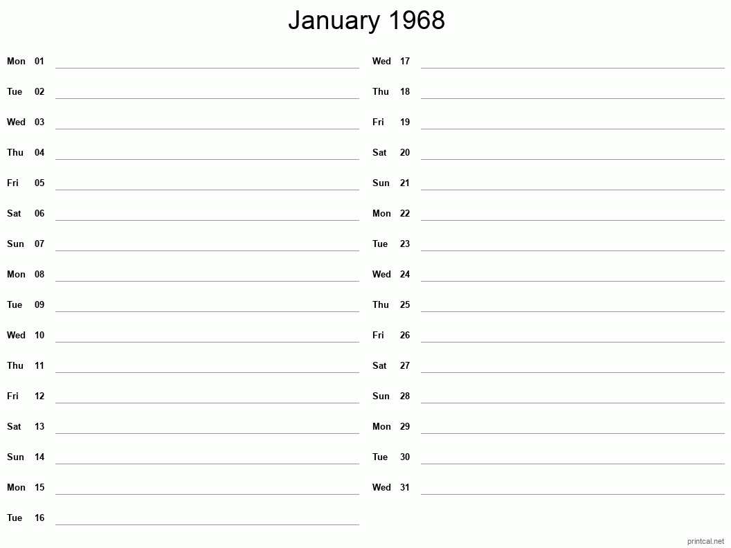 January 1968 Printable Calendar - Two Column Notesheet