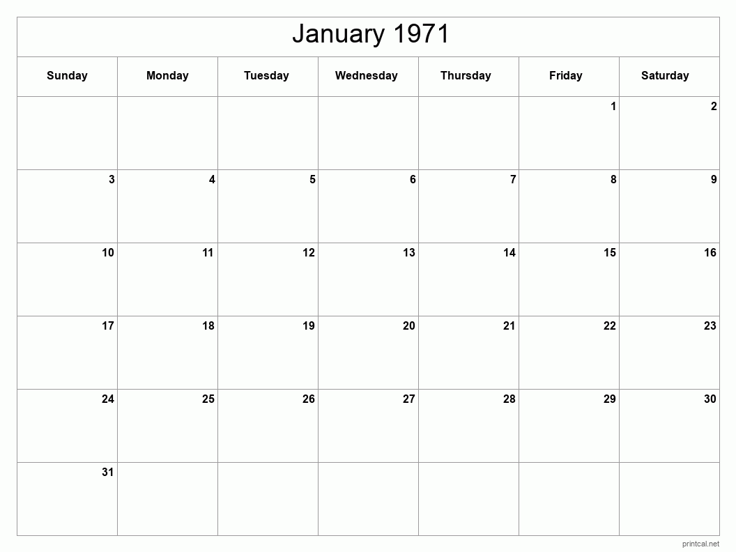 January 1971 Printable Calendar - Classic Blank Sheet