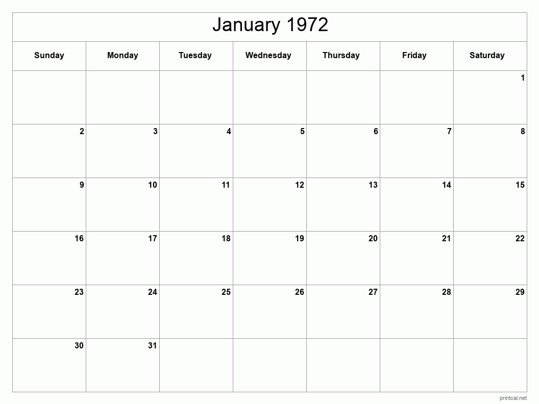 January 1972 Printable Calendar - Classic Blank Sheet