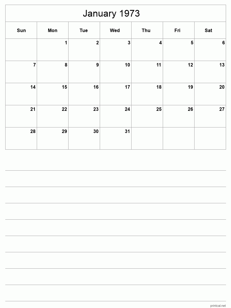 January 1973 Printable Calendar - Half-Page With Notesheet