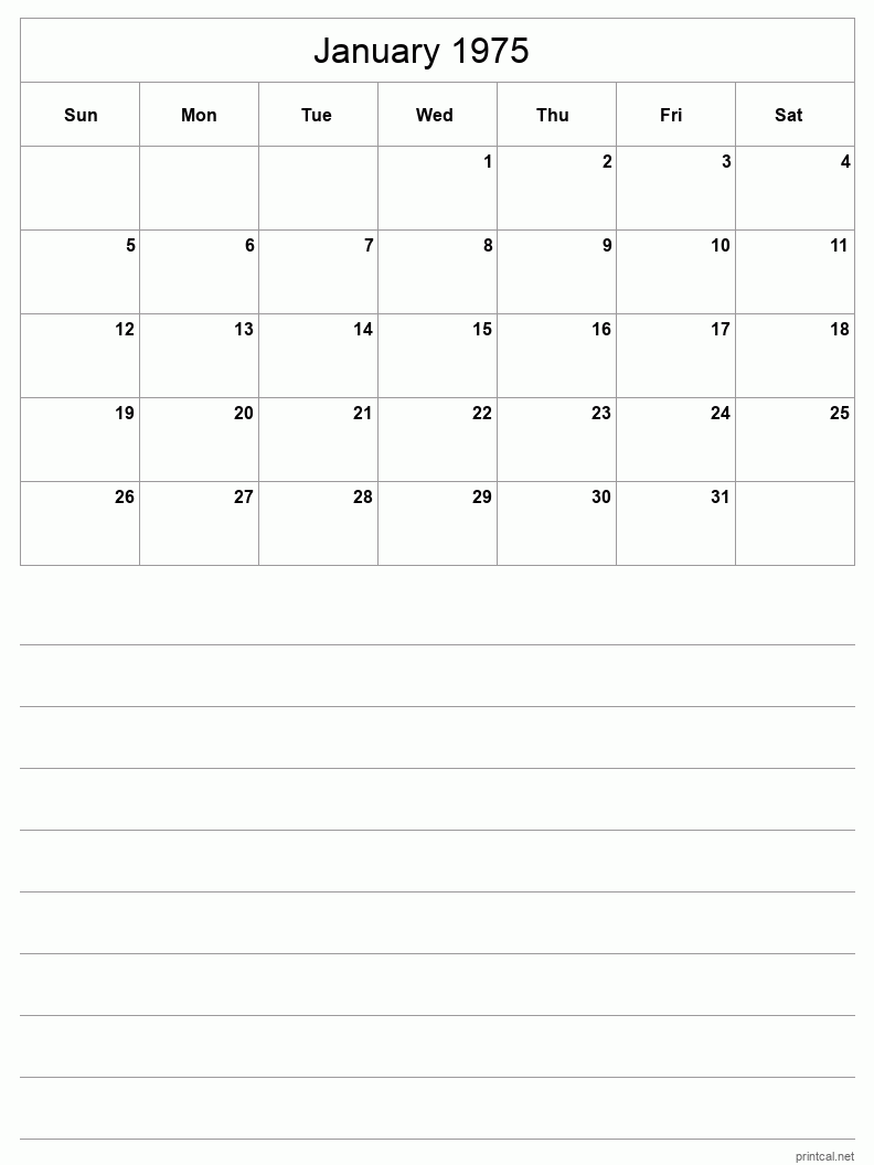 January 1975 Printable Calendar - Half-Page With Notesheet