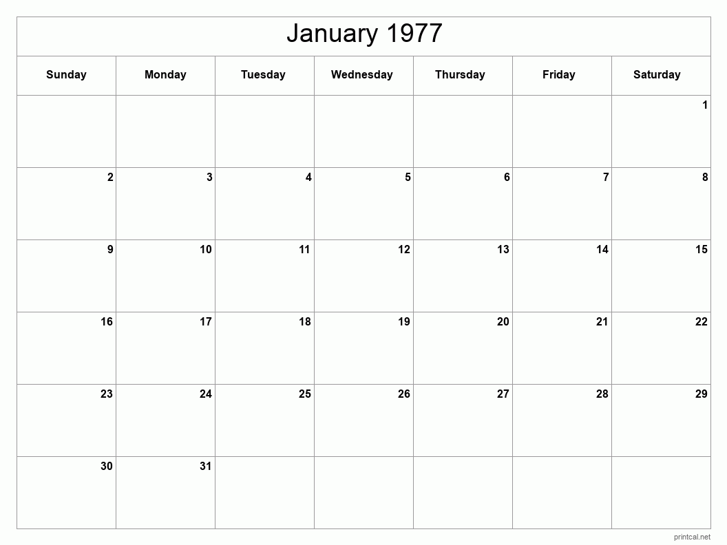 January 1977 Printable Calendar - Classic Blank Sheet