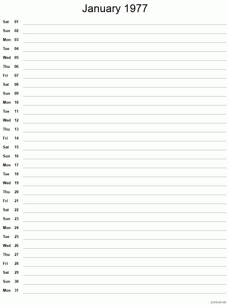 January 1977 Printable Calendar - Single Column Notesheet