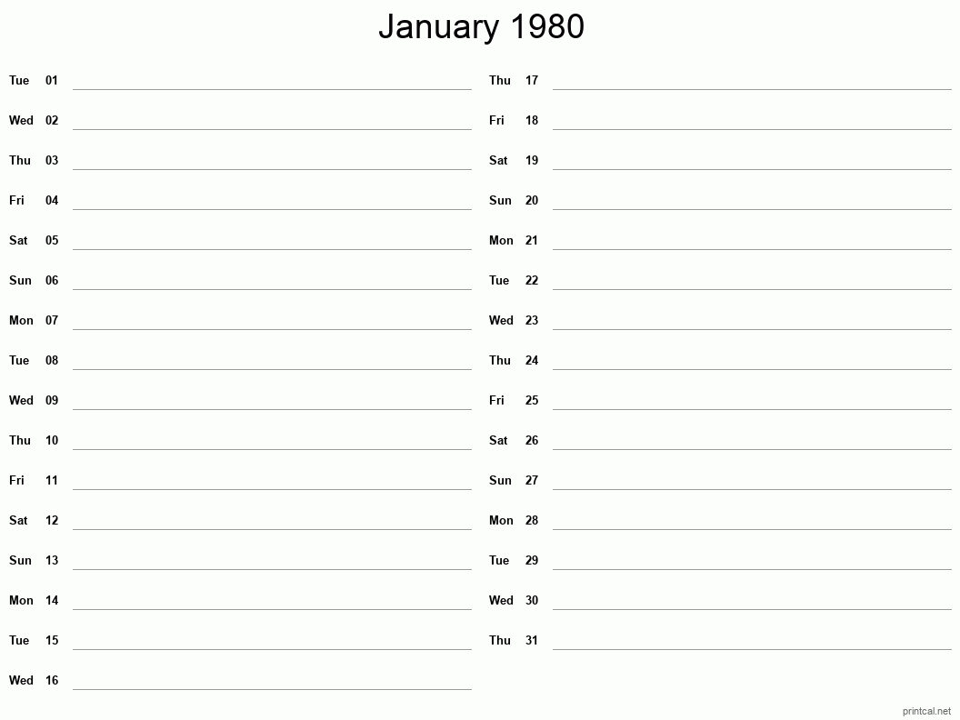 January 1980 Printable Calendar - Two Column Notesheet