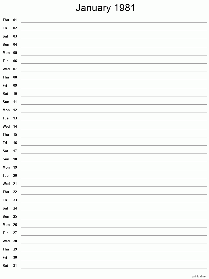 January 1981 Printable Calendar - Single Column Notesheet