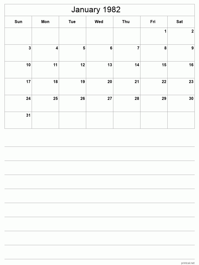 January 1982 Printable Calendar - Half-Page With Notesheet