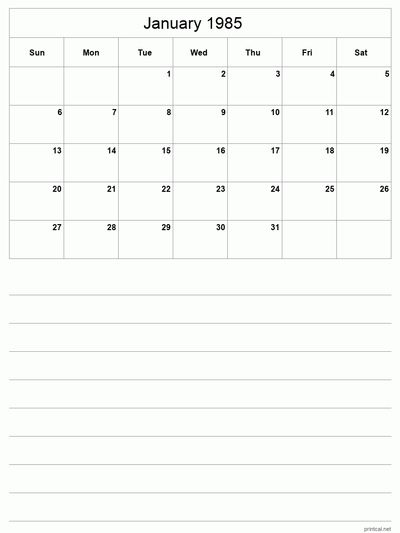 January 1985 Printable Calendar - Half-Page With Notesheet