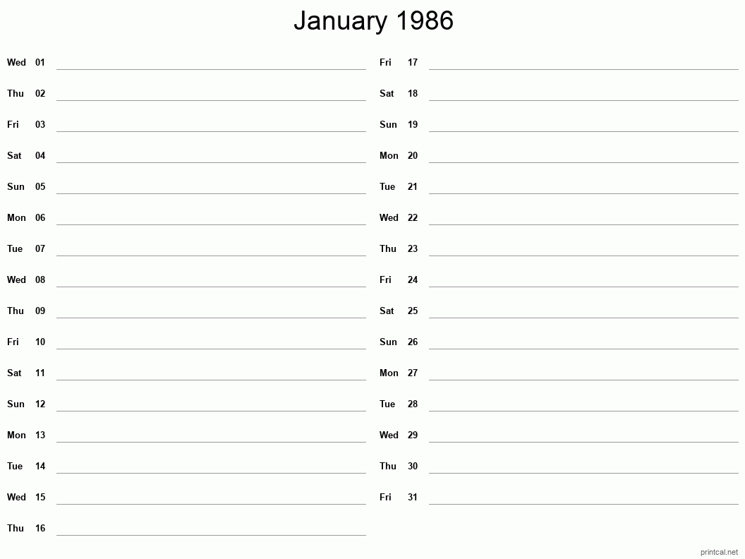 January 1986 Printable Calendar - Two Column Notesheet