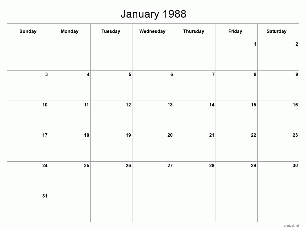 January 1988 Printable Calendar - Classic Blank Sheet