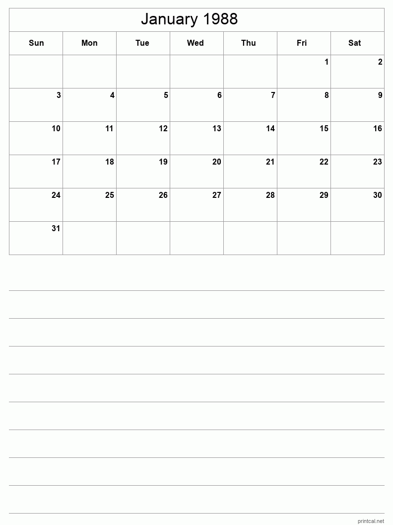 January 1988 Printable Calendar - Half-Page With Notesheet