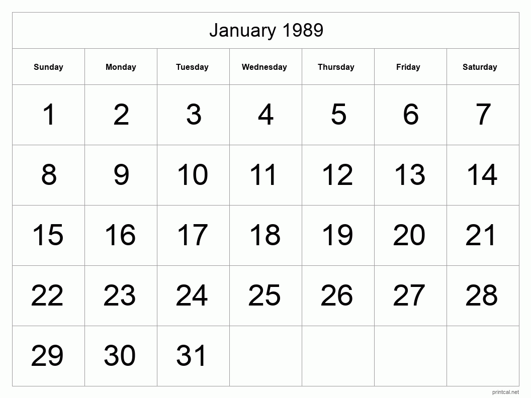 January 1989 Printable Calendar - Big Dates