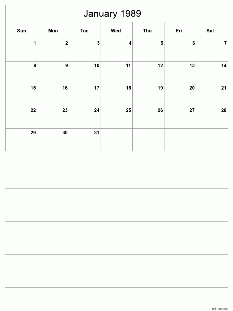 January 1989 Printable Calendar - Half-Page With Notesheet