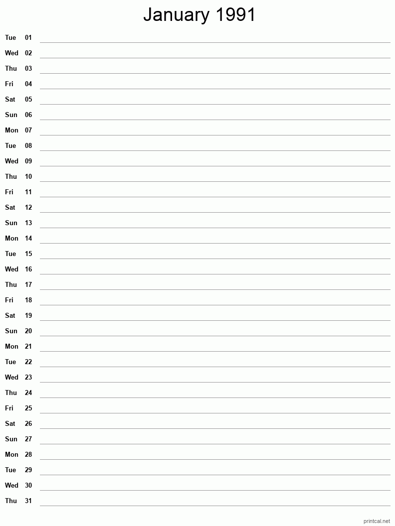 January 1991 Printable Calendar - Single Column Notesheet