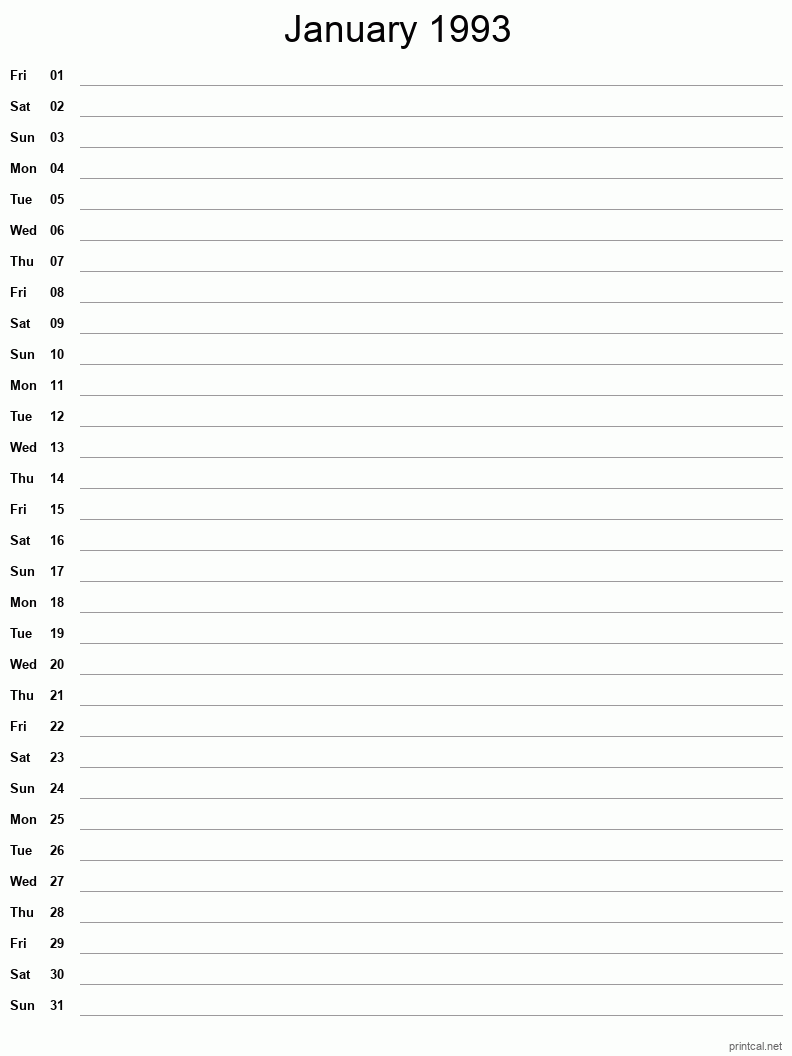 January 1993 Printable Calendar - Single Column Notesheet