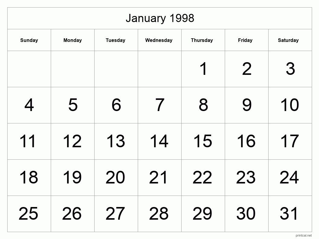 January 1998 Printable Calendar - Big Dates