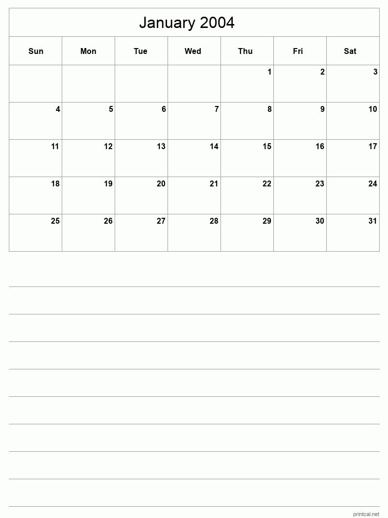 January 2004 Printable Calendar - Half-Page With Notesheet