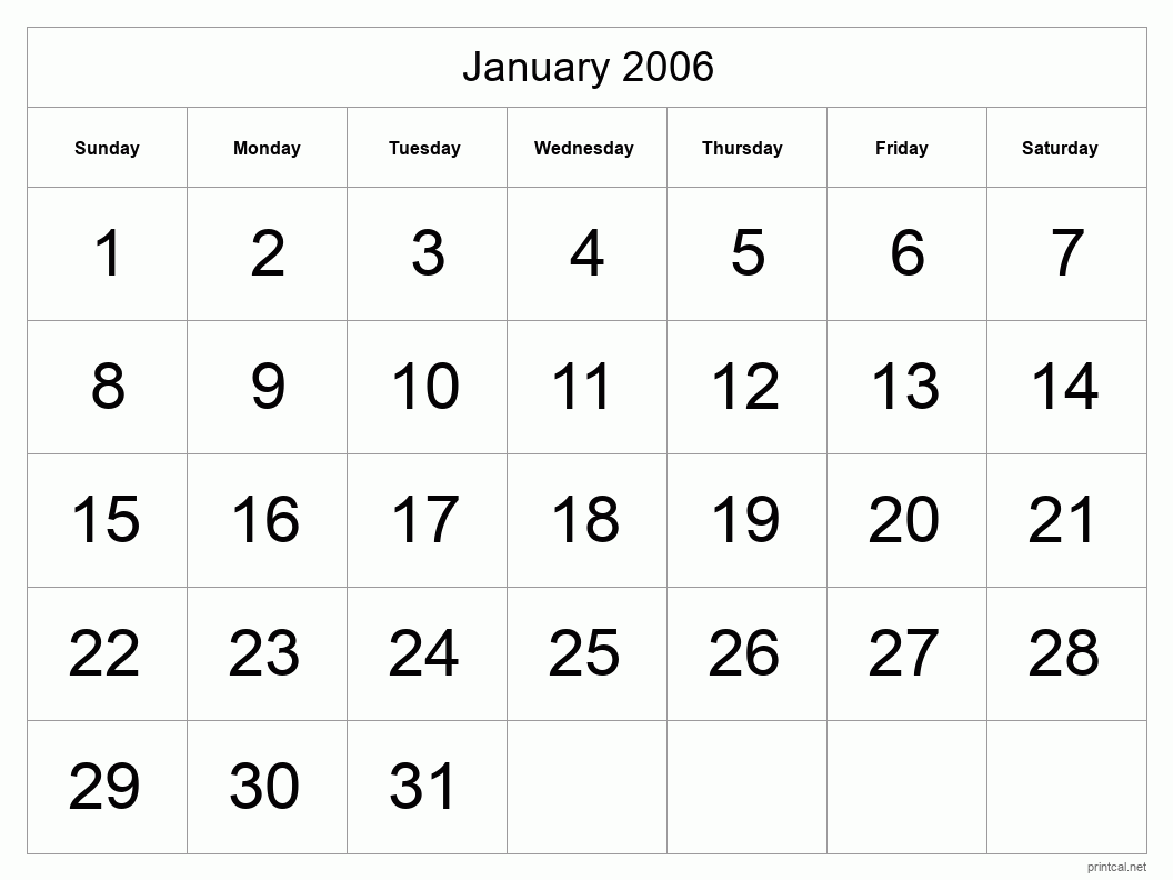 January 2006 Printable Calendar - Big Dates