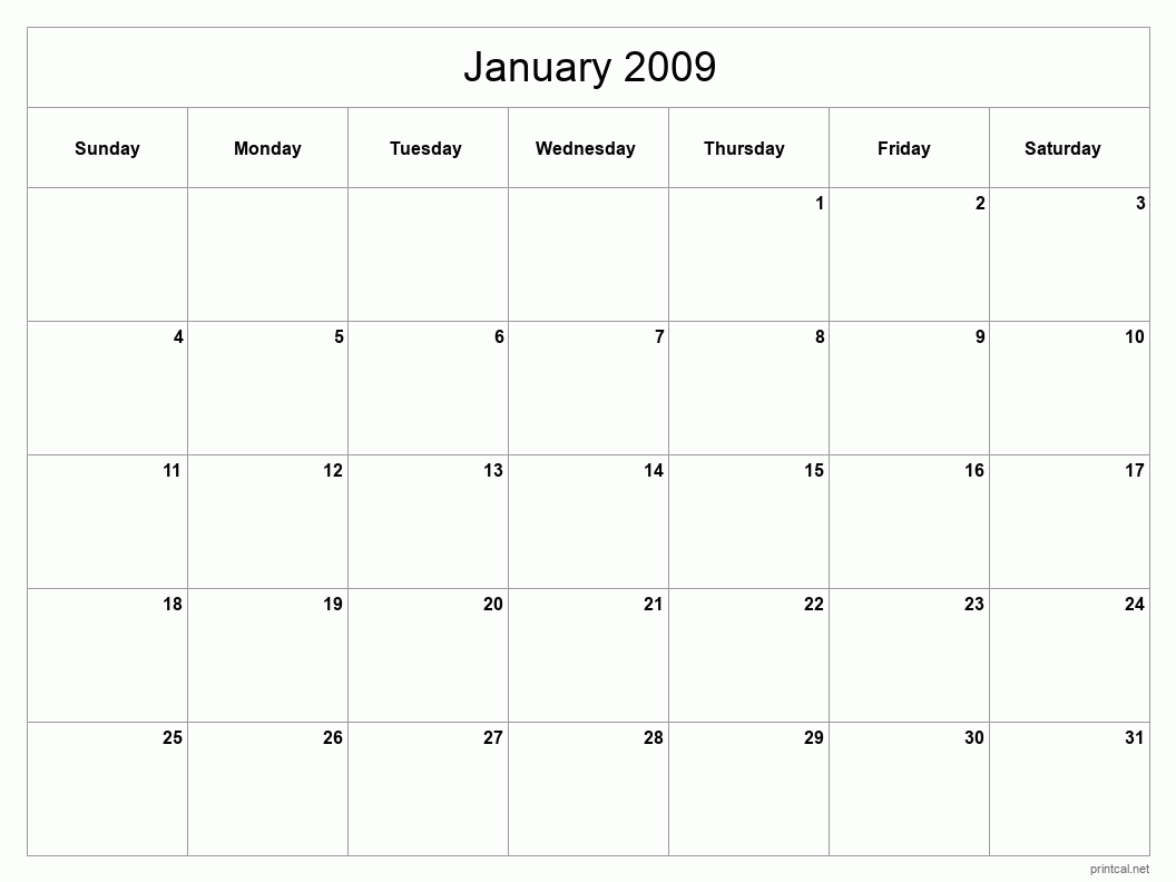 January 2009 Printable Calendar - Classic Blank Sheet