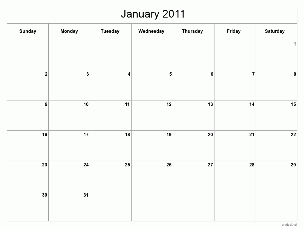 January 2011 Printable Calendar - Classic Blank Sheet