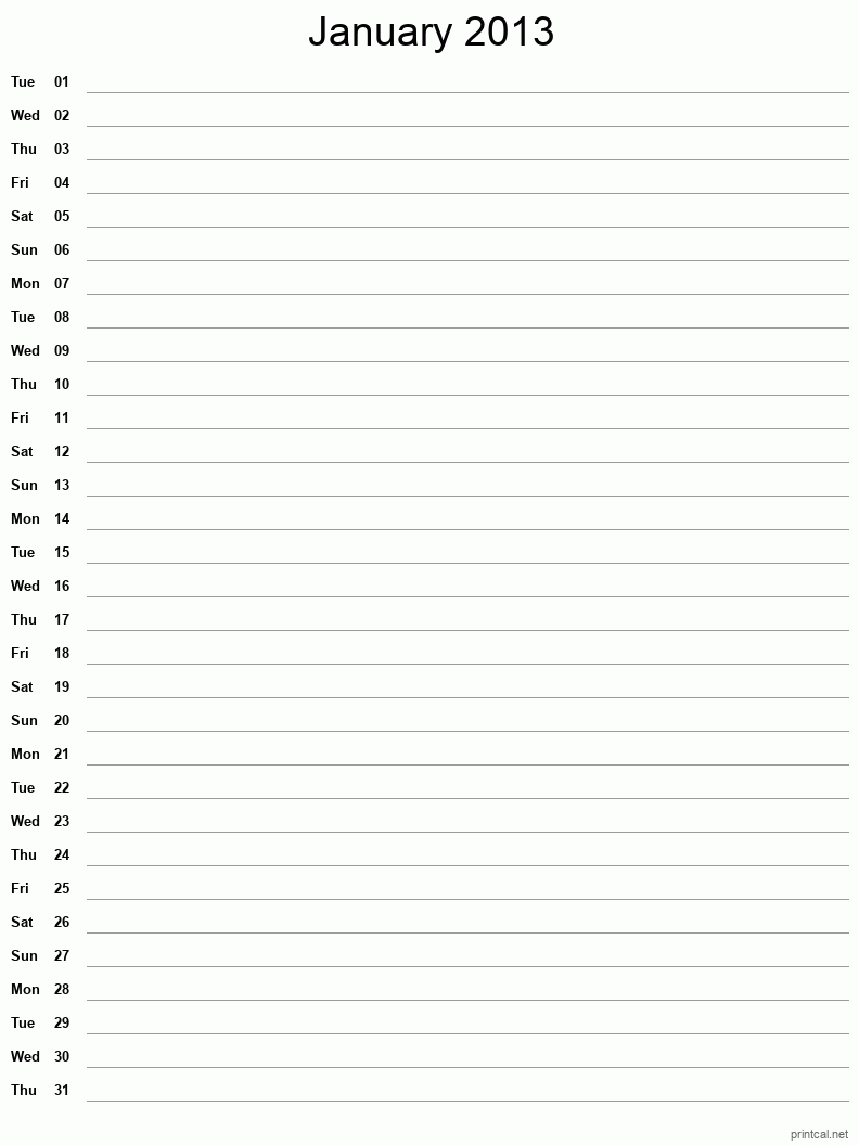 January 2013 Printable Calendar - Single Column Notesheet