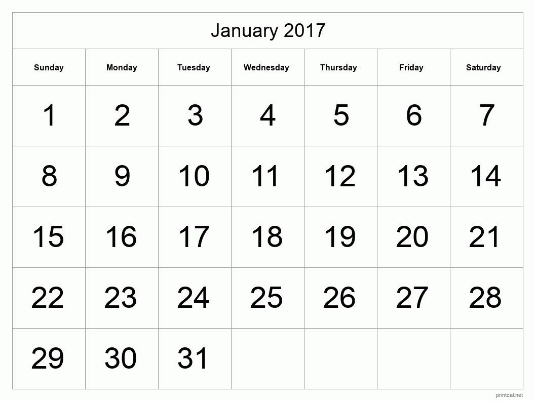 January 2017 Printable Calendar - Big Dates