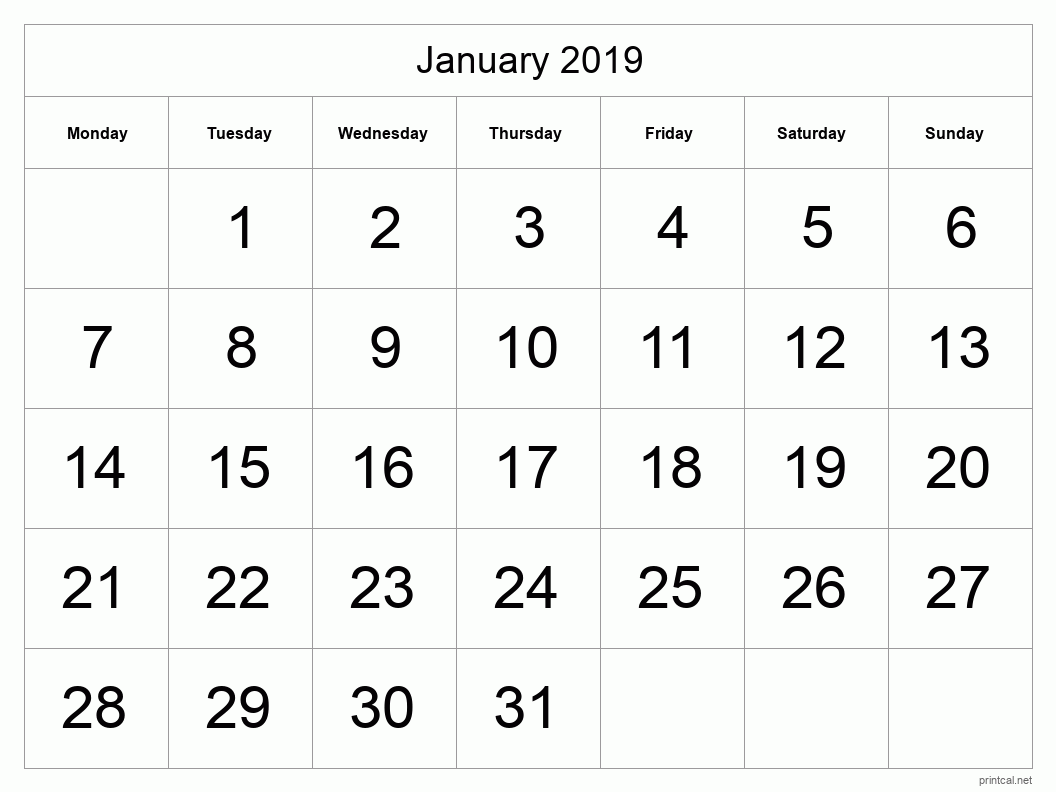 January 2019 Printable Calendar - Big Dates