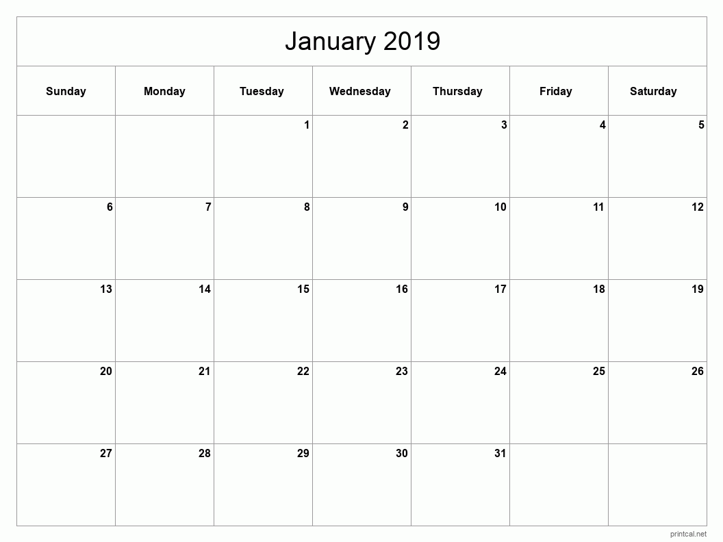 January 2019 Printable Calendar - Classic Blank Sheet