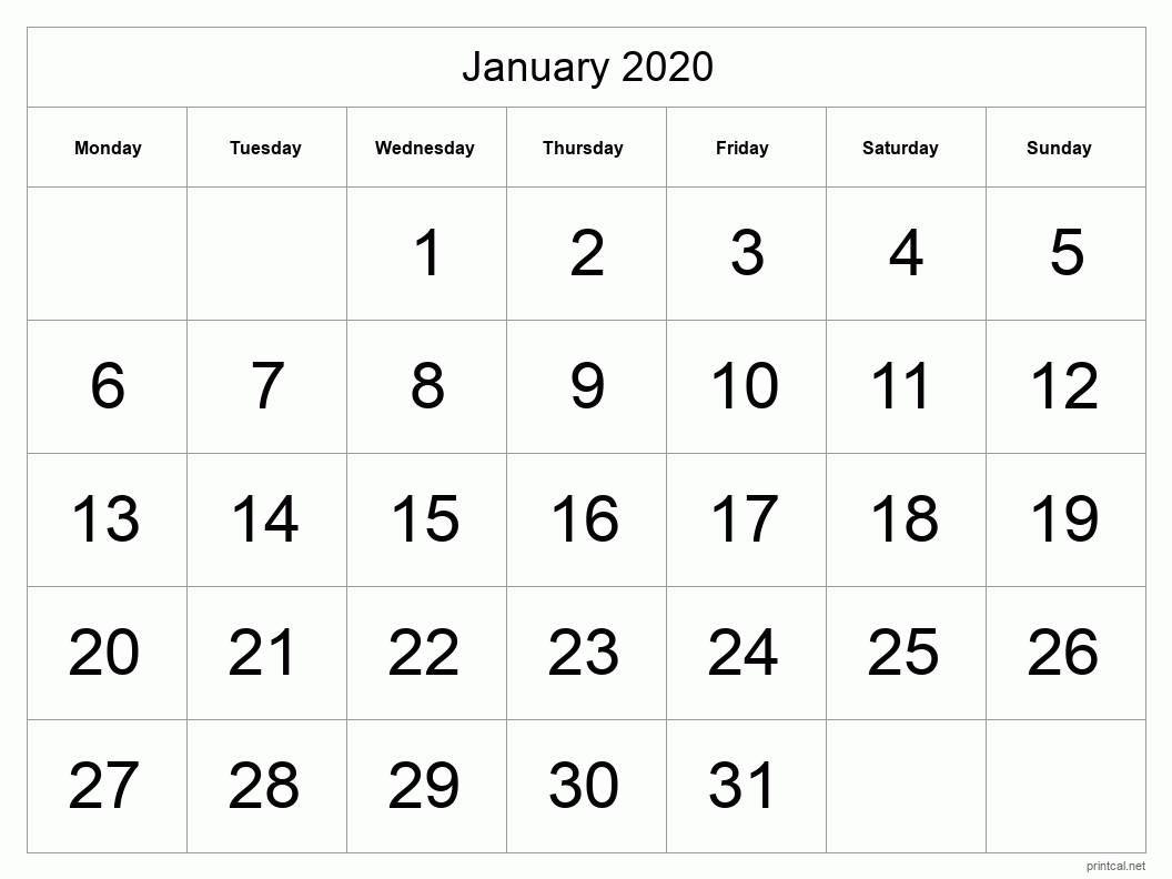 January 2020 Printable Calendar - Big Dates