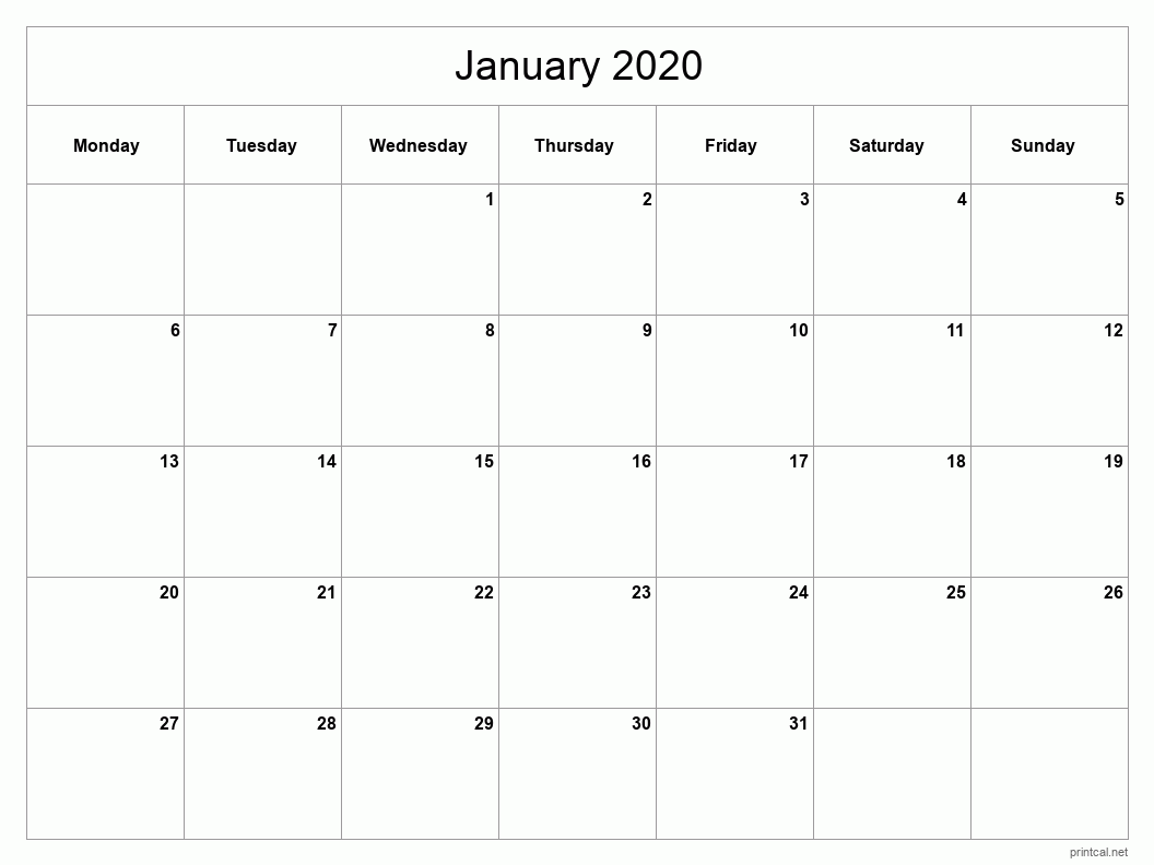 January 2020 Printable Calendar - Classic Blank Sheet