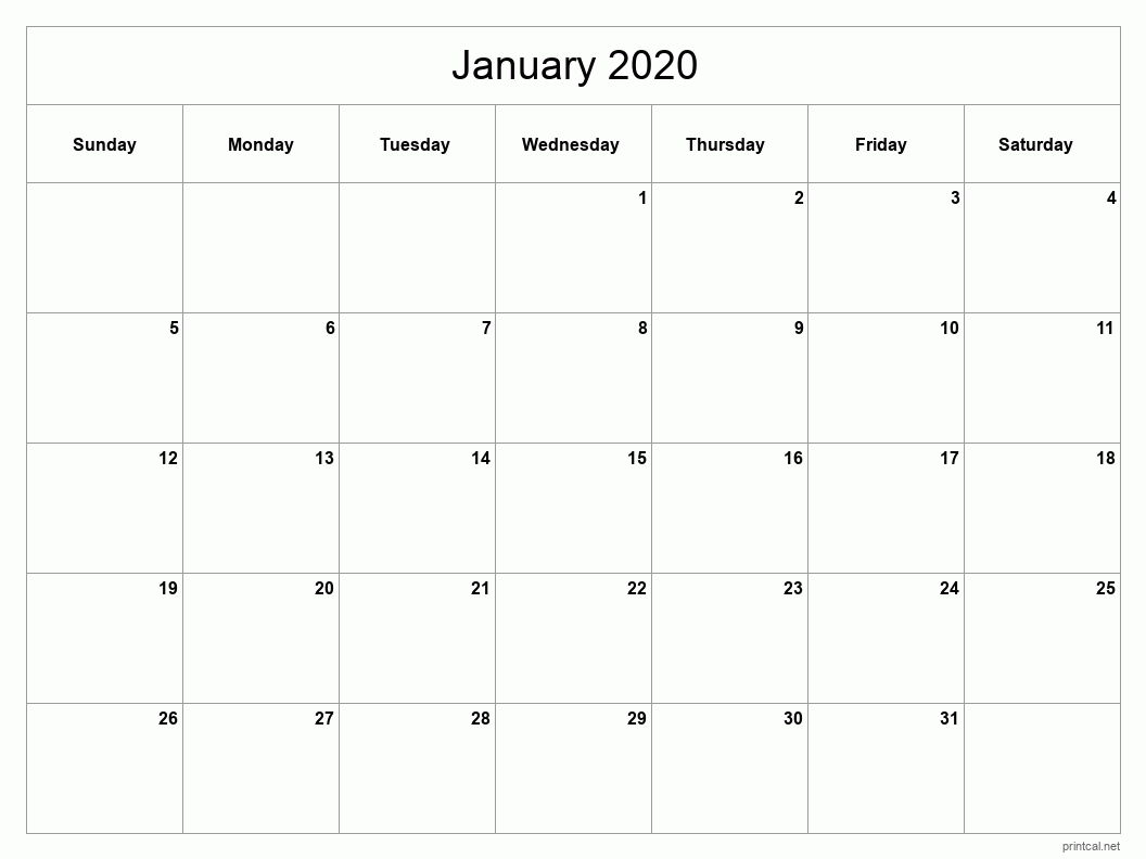 January 2020 Printable Calendar - Classic Blank Sheet