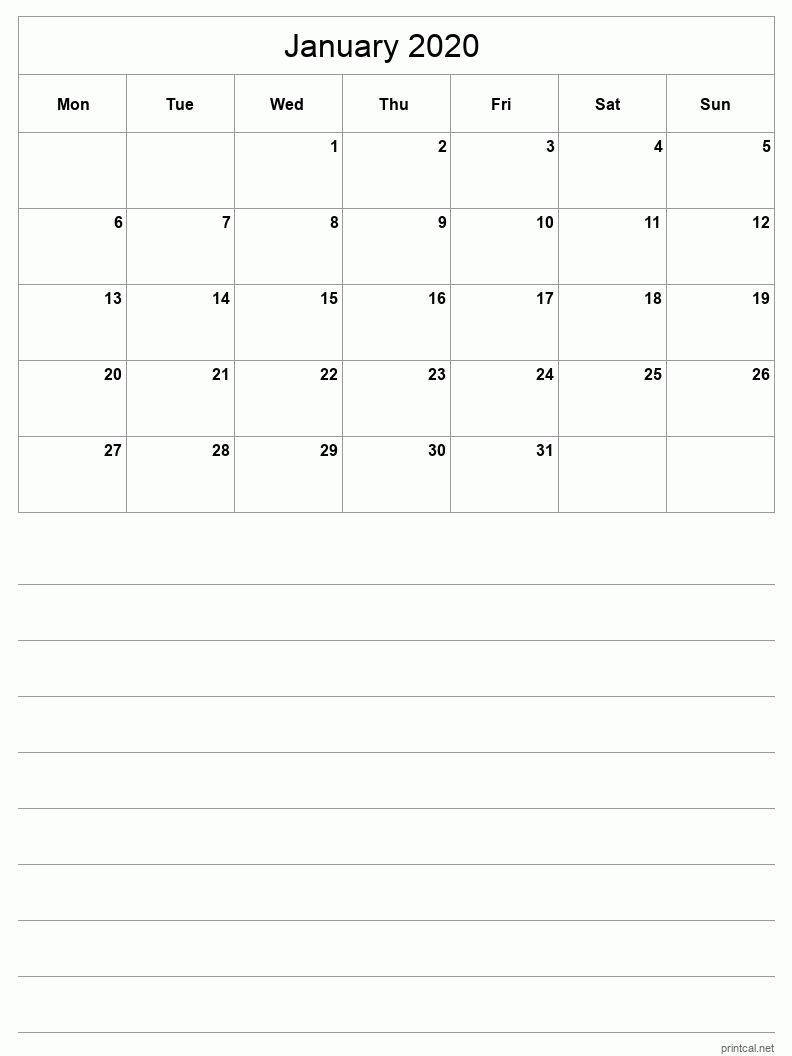 January 2020 Printable Calendar - Half-Page With Notesheet