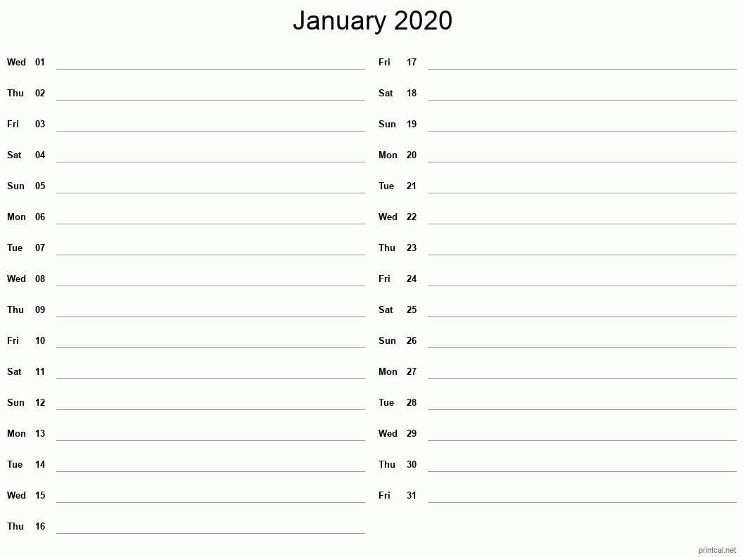 January 2020 Printable Calendar - Two Column Notesheet