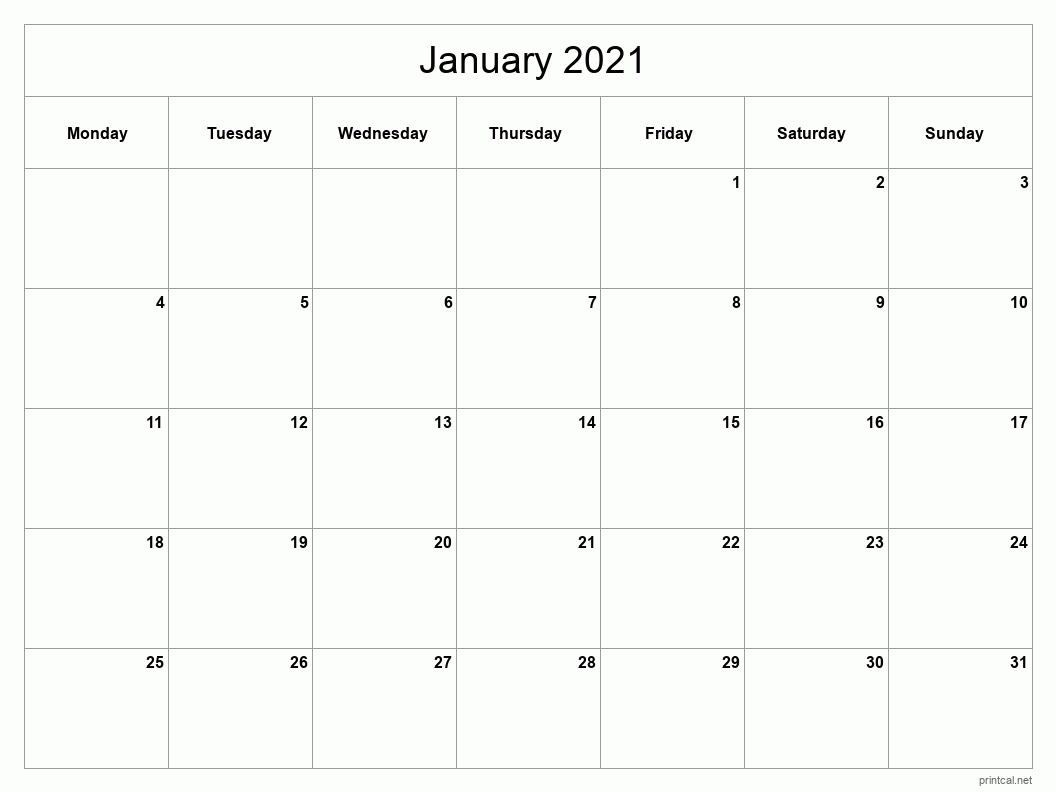 January 2021 Printable Calendar - Classic Blank Sheet