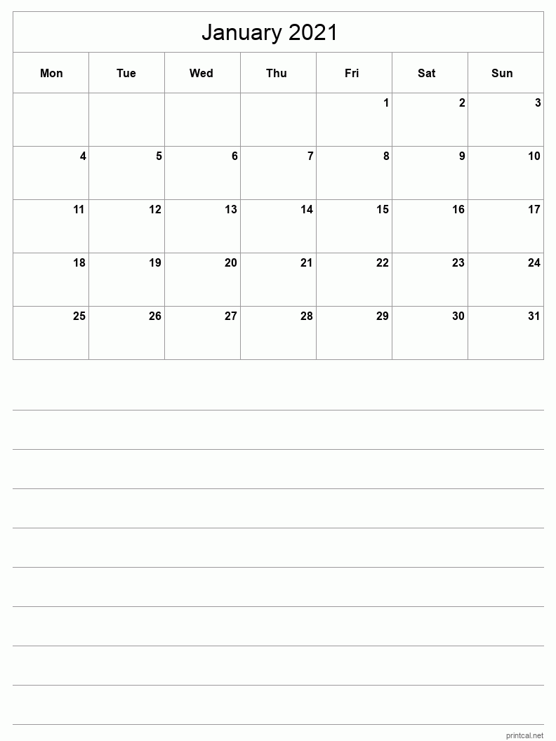 January 2021 Printable Calendar - Half-Page With Notesheet