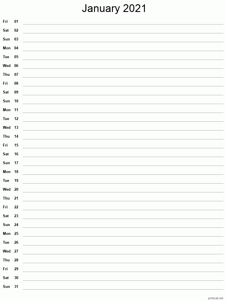 January 2021 Printable Calendar - Single Column Notesheet