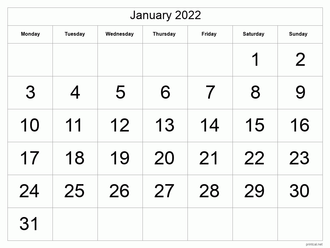 January 2022 Printable Calendar - Big Dates