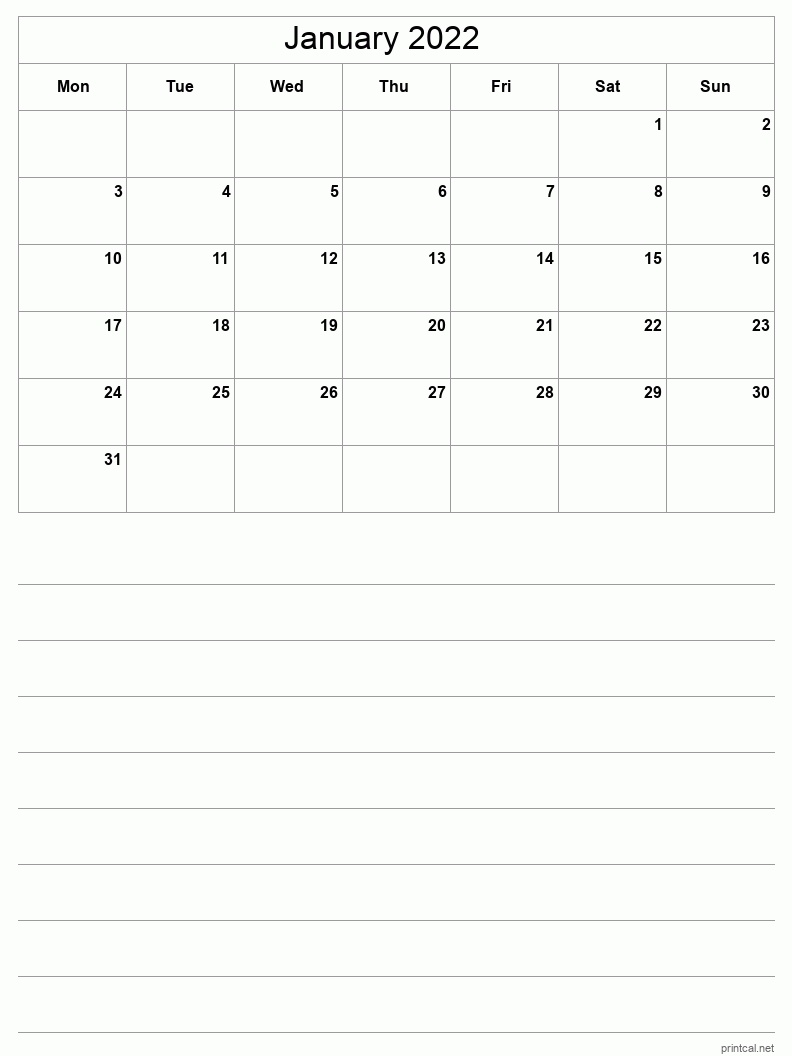 January 2022 Printable Calendar - Half-Page With Notesheet