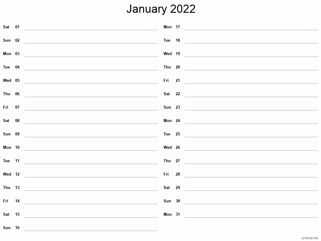 January 2022 Printable Calendar - Two Column Notesheet
