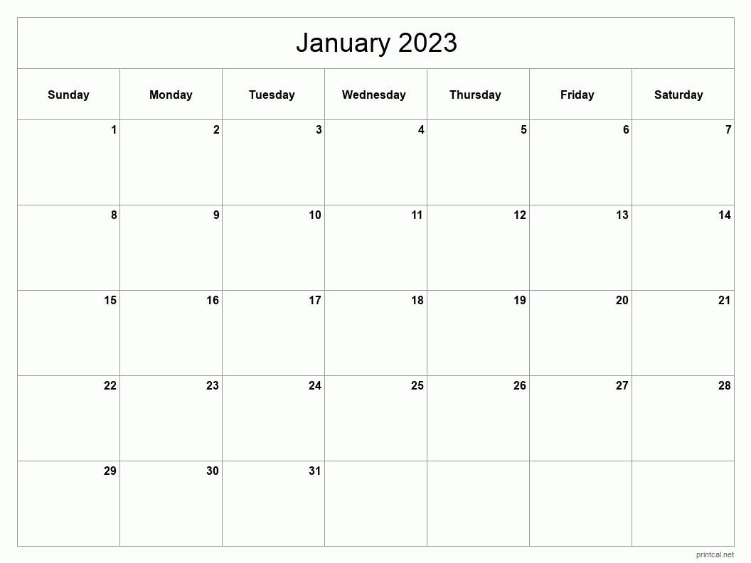 Printable January 2023 Calendar Classic Blank Sheet