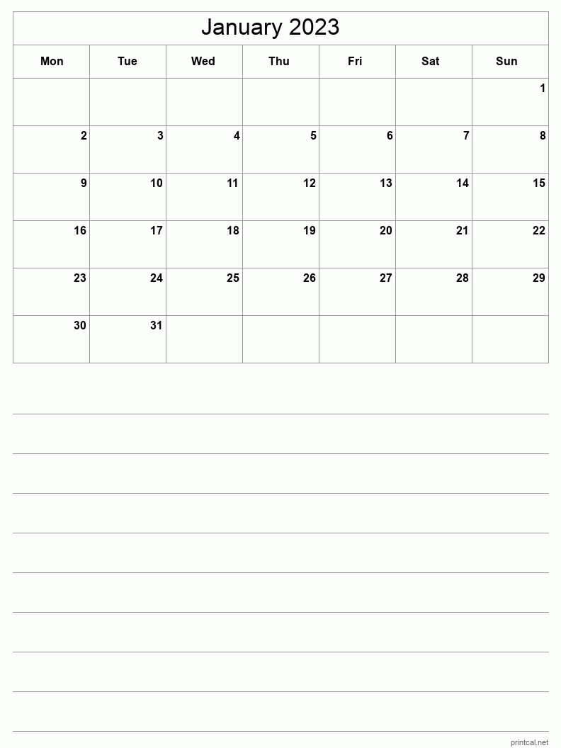 January 2023 Printable Calendar - Half-Page With Notesheet