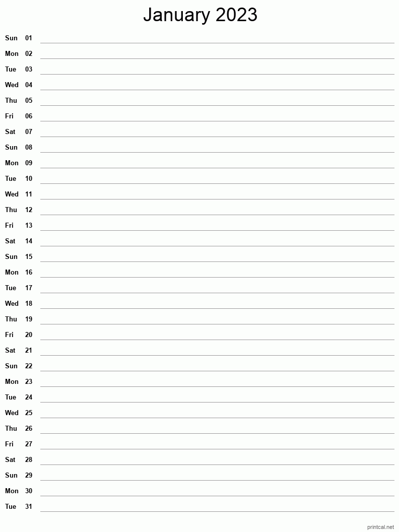 January 2023 Printable Calendar - Single Column Notesheet