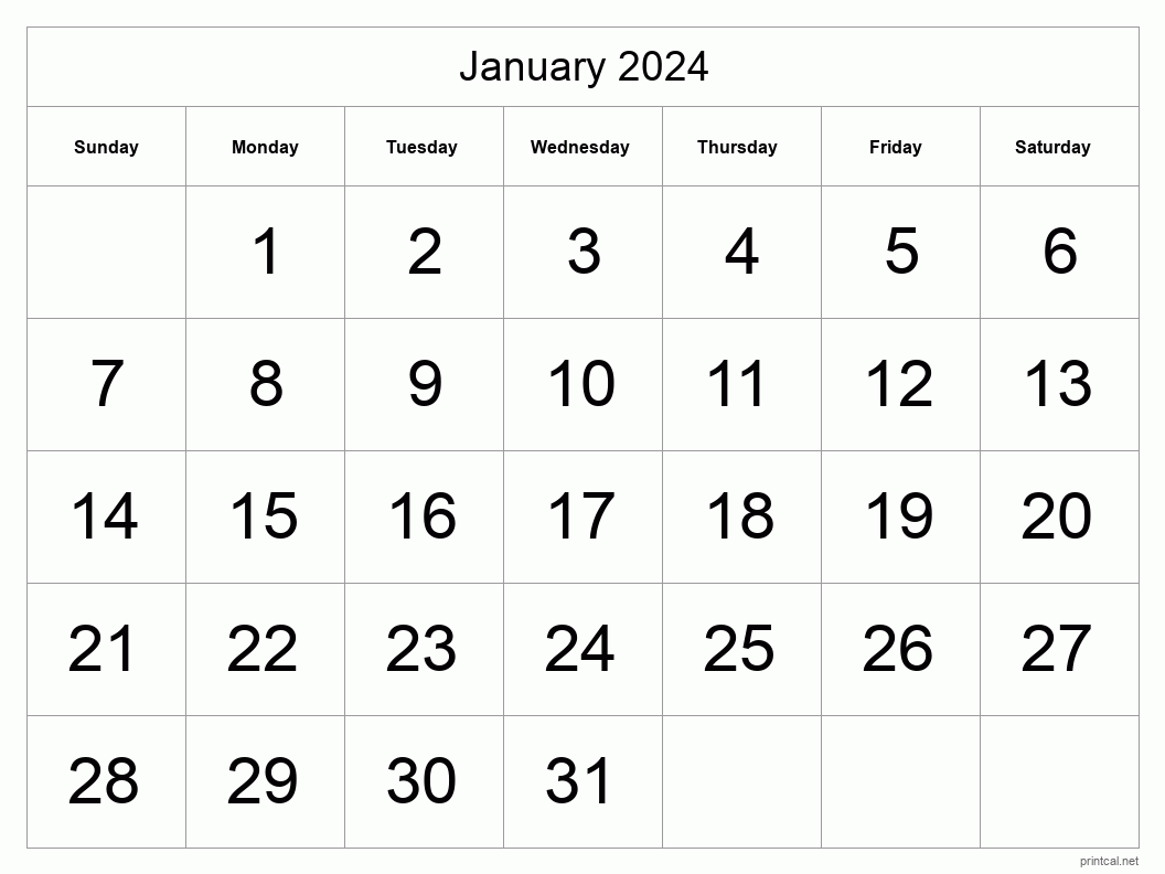 January 2024 Printable Calendar - Big Dates