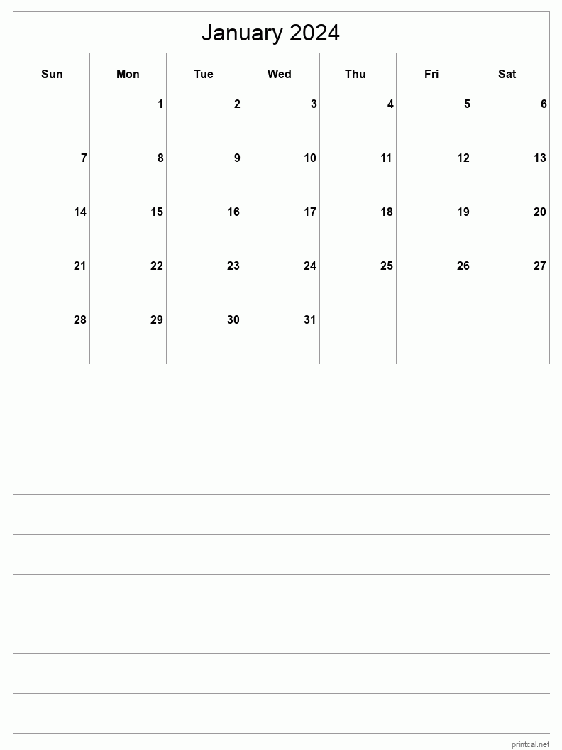 January 2024 Printable Calendar - Half-Page With Notesheet
