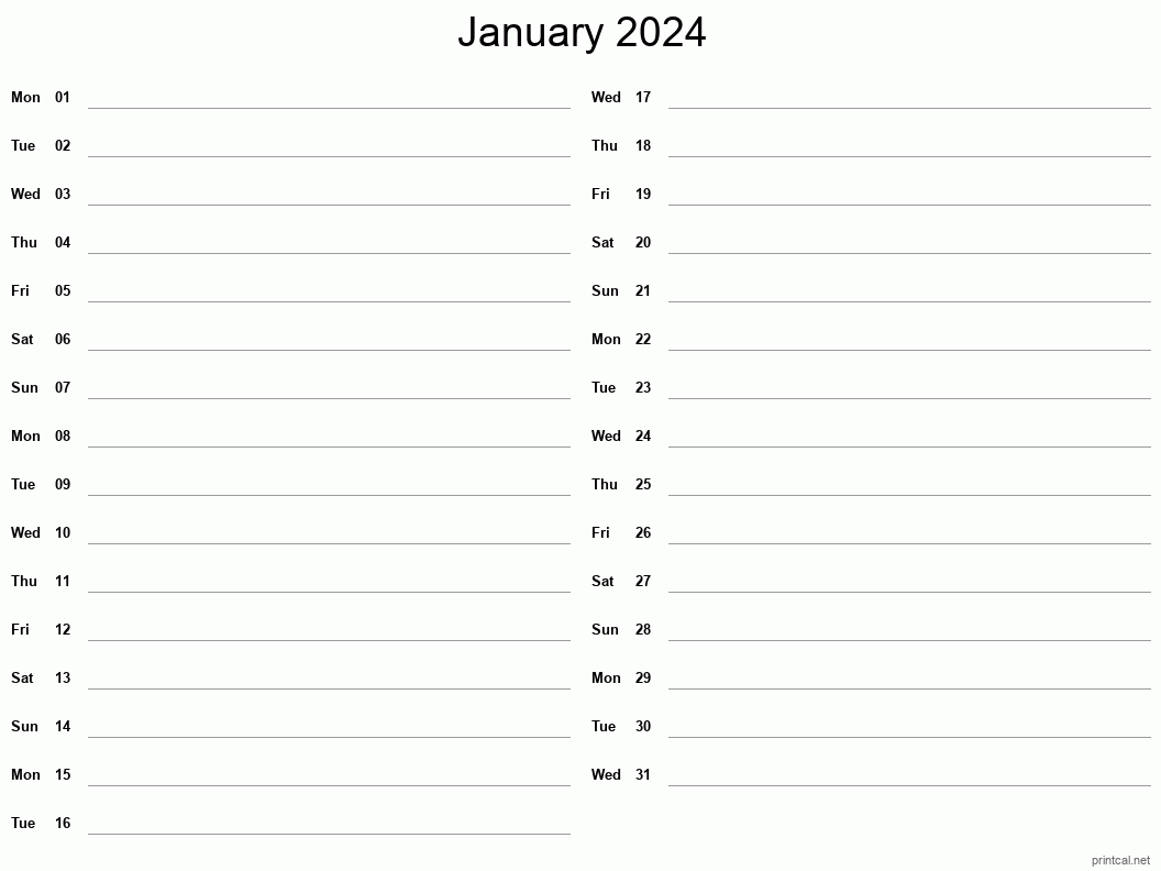 January 2024 Printable Calendar - Two Column Notesheet