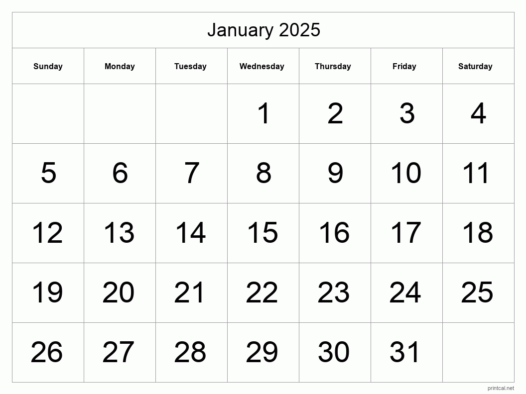 January 2025 Printable Calendar - Big Dates