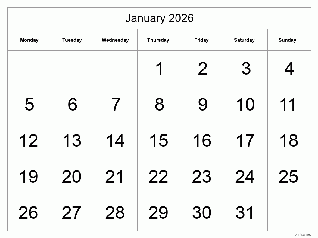 January 2026 Printable Calendar - Big Dates