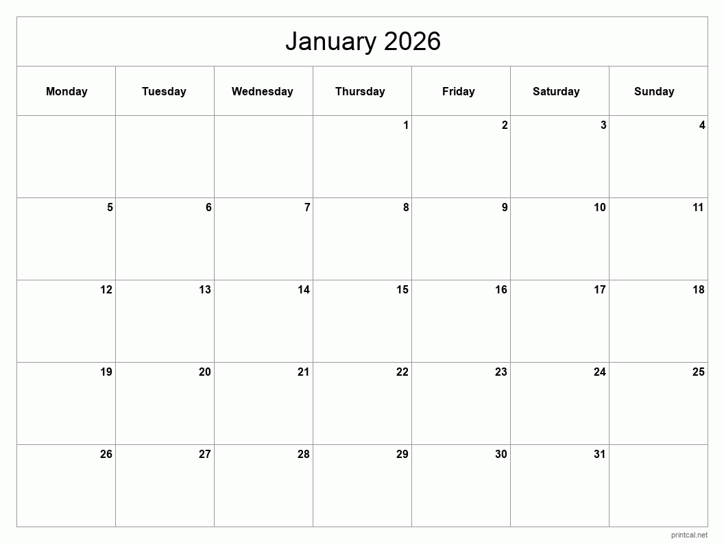 January 2026 Printable Calendar - Classic Blank Sheet