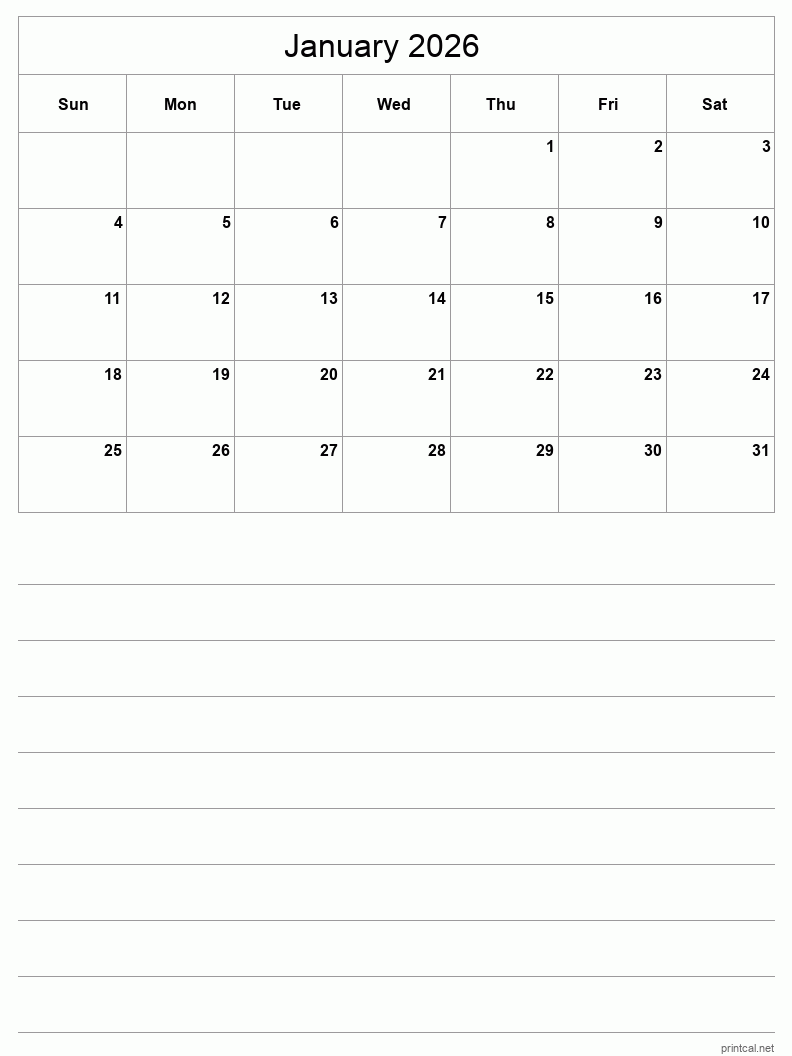 January 2026 Printable Calendar - Half-Page With Notesheet