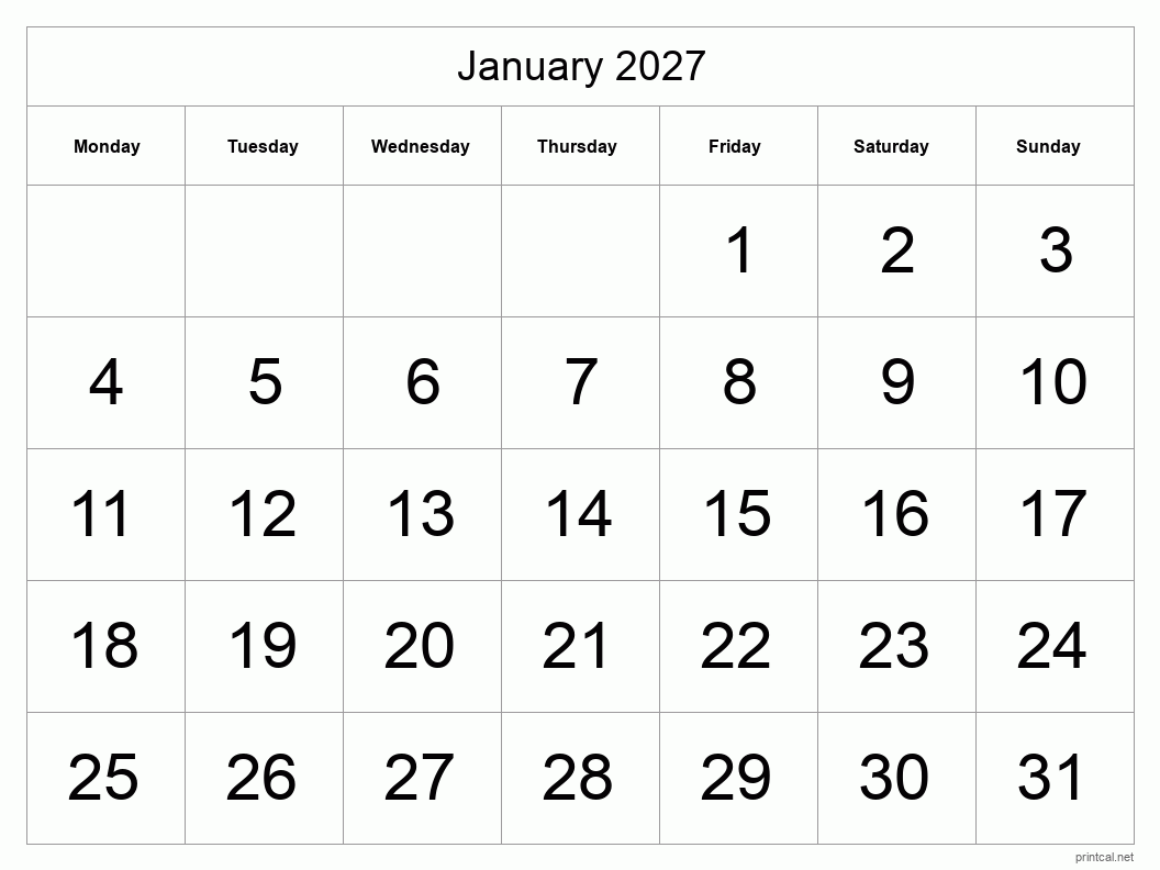 January 2027 Printable Calendar - Big Dates