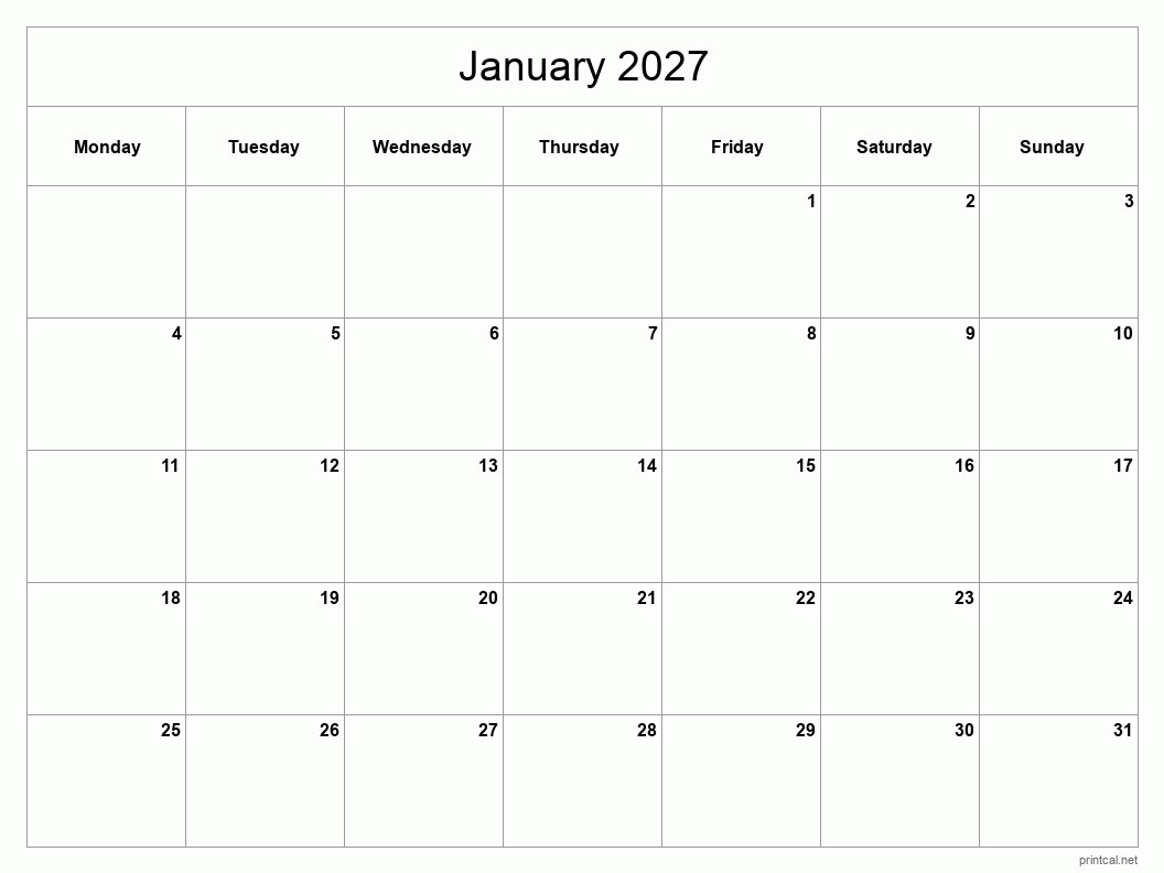 January 2027 Printable Calendar - Classic Blank Sheet